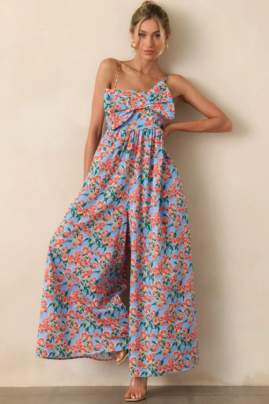 FATE Floral Rose Cotton Bow Applique Tank Wide Leg Jumpsuit Small